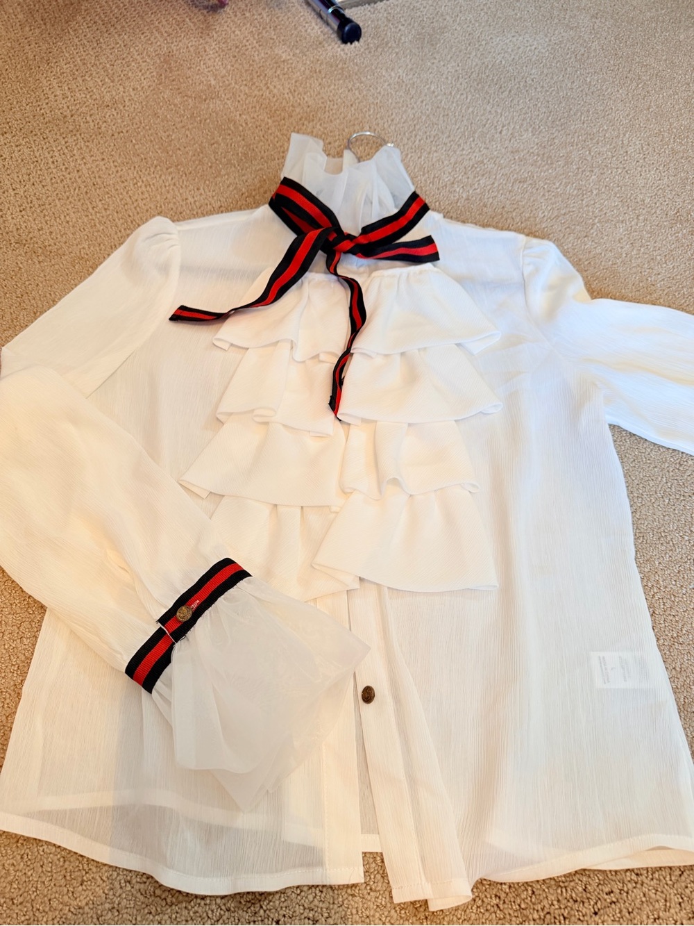 Vintage White Sheet Ruffle Blouse with Navy & Red Ribbon amazing Gold Buttons - Picture 2 of 11